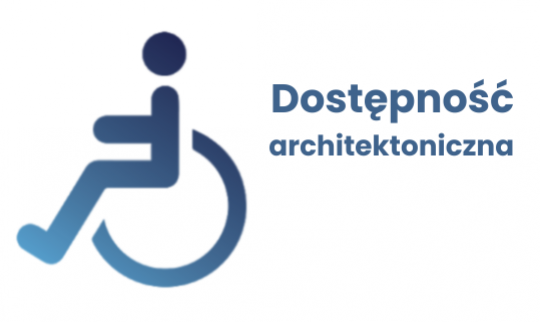 z lewej strony symbol osoby na wózki inwalidzkim, z prawej napis w dwóćh rzędach Dostępność architektoniczna. Wszystko w kolorze niebieskim na białym tle.